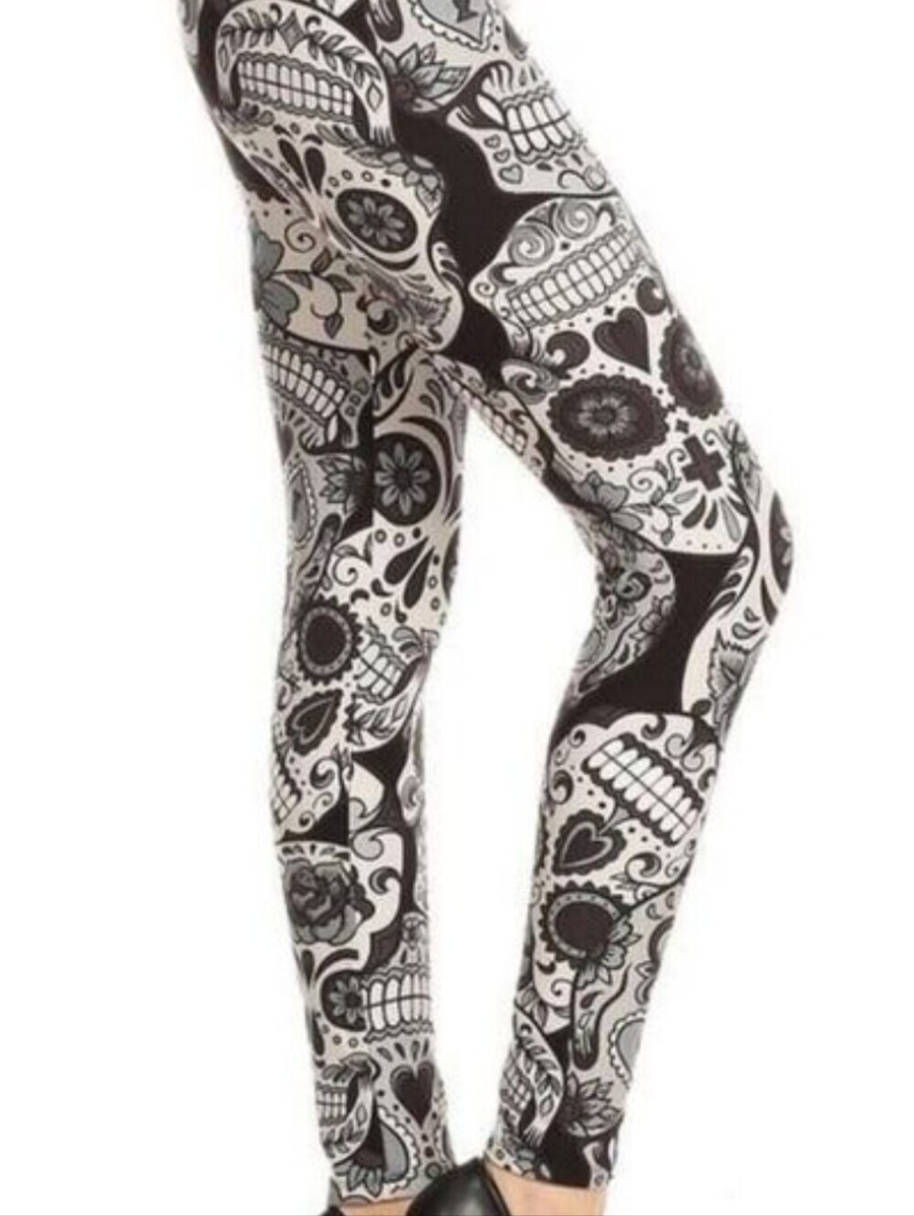 LEGGINGS DEPOT Black & White Sugar Skull Print Full Length Leggings Size 12 NWT